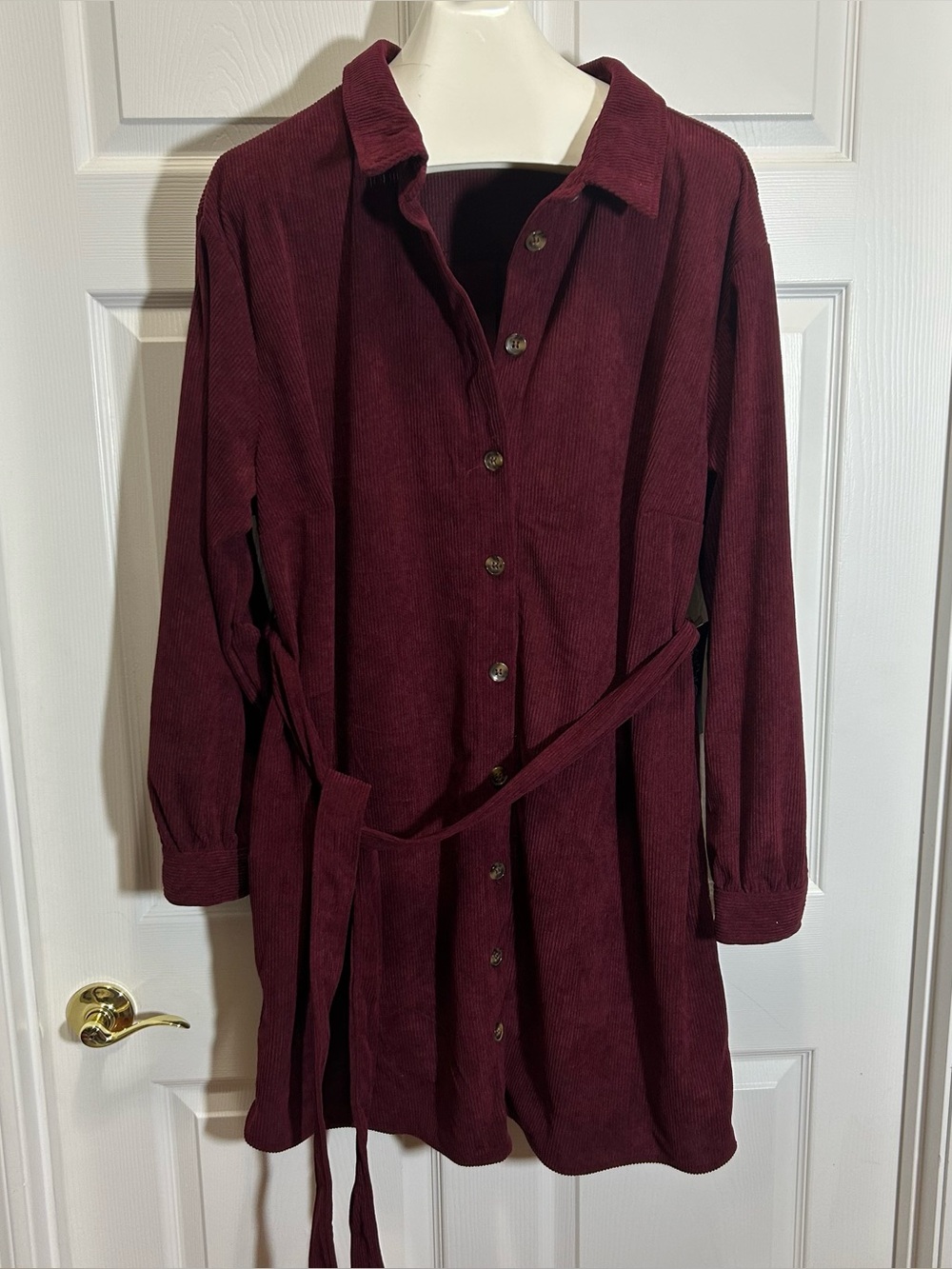 Fourteen Twelve Button-Front Corduroy Mini Dress with Waist Tie